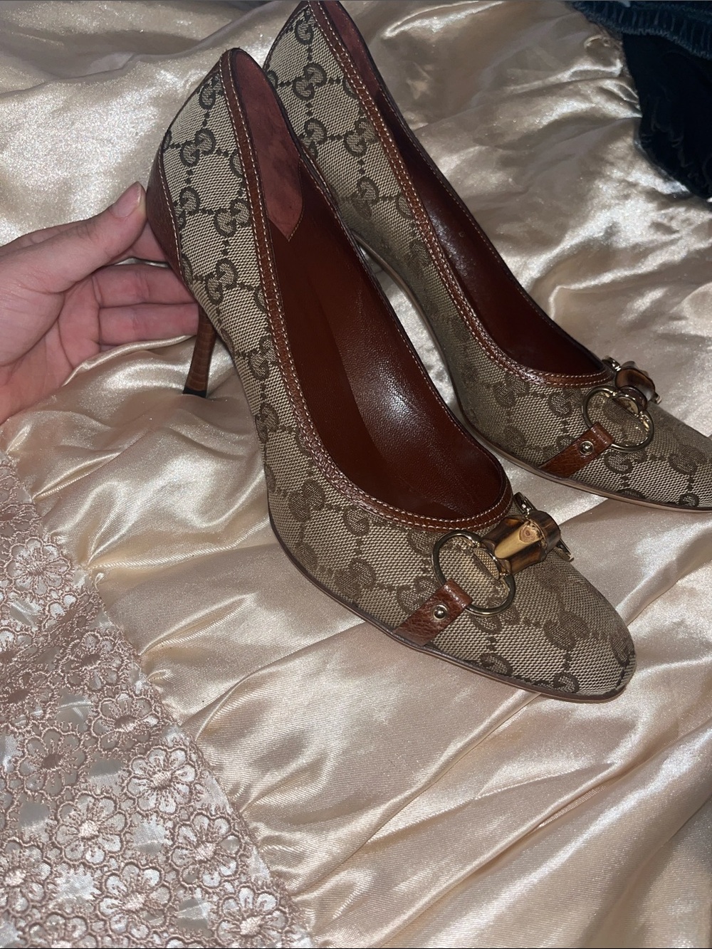 Gucci Brown Monogram Canvas Heels with Bamboo Accent